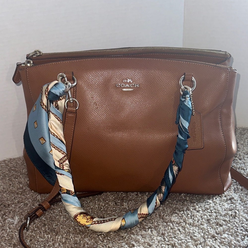 Coach Brown Pebbled Leather Handbag with Scarf Accent